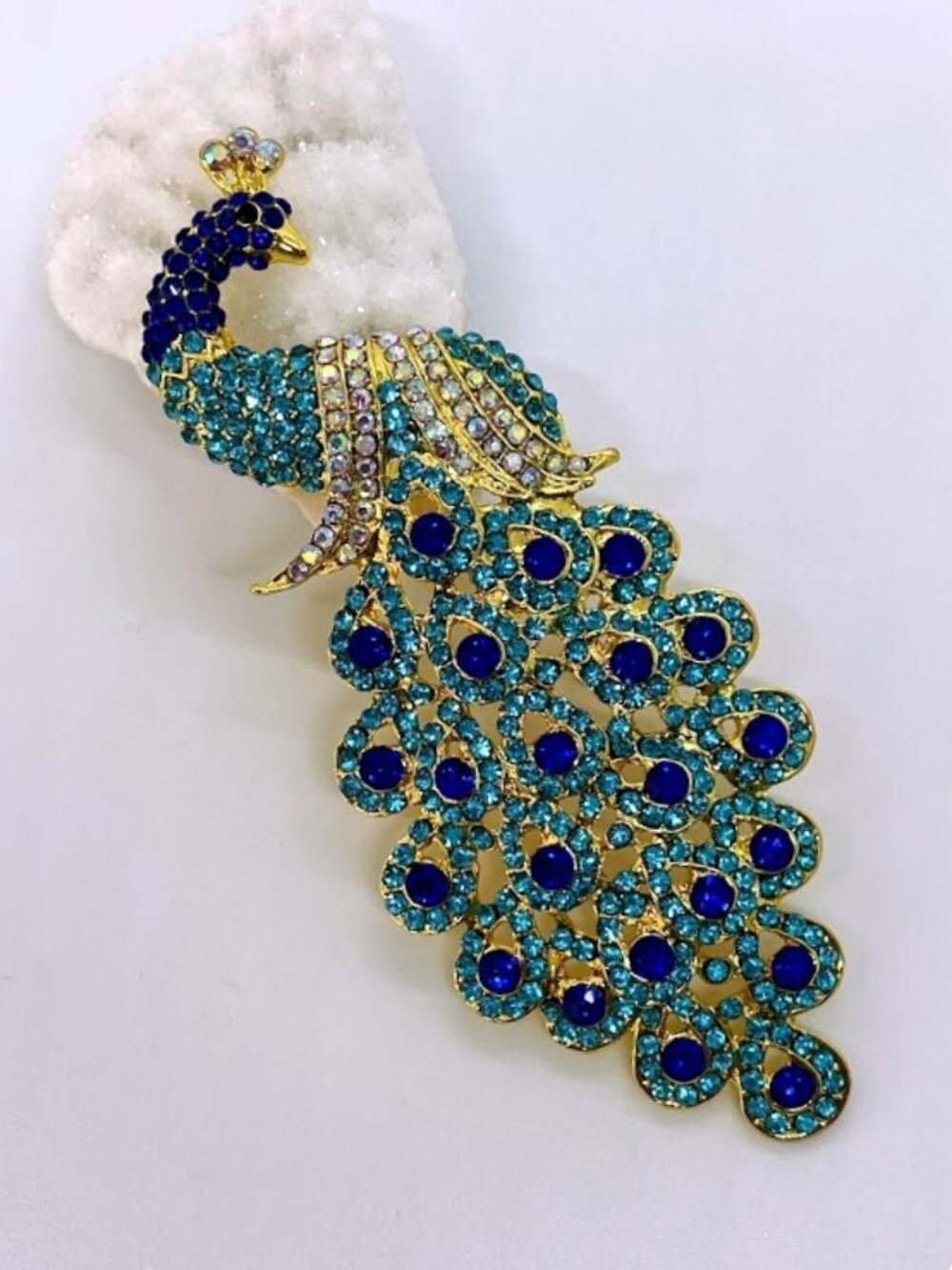 Large Peacock statement Pin Brooch Turquoise and Blue sparkling stones on Gold